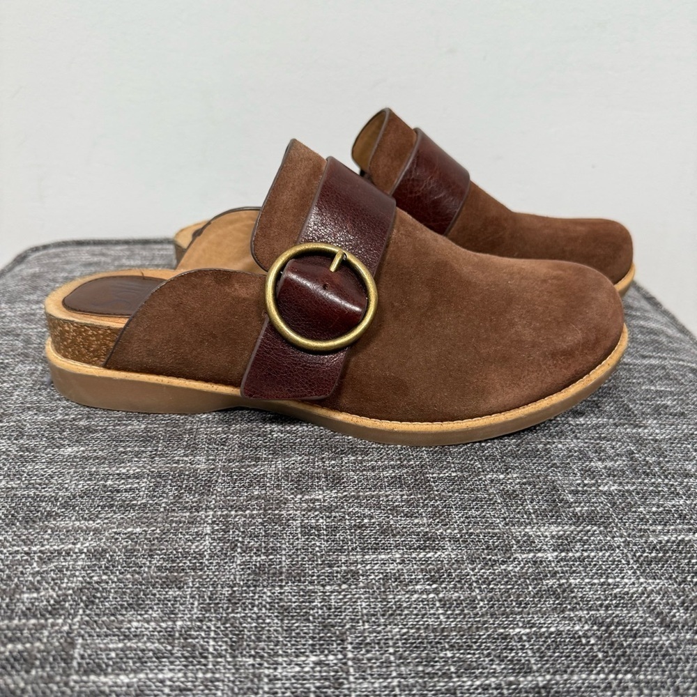 Sofft Chestnut Suede Mules with Brass Buckle, Size 8, Great Condition!